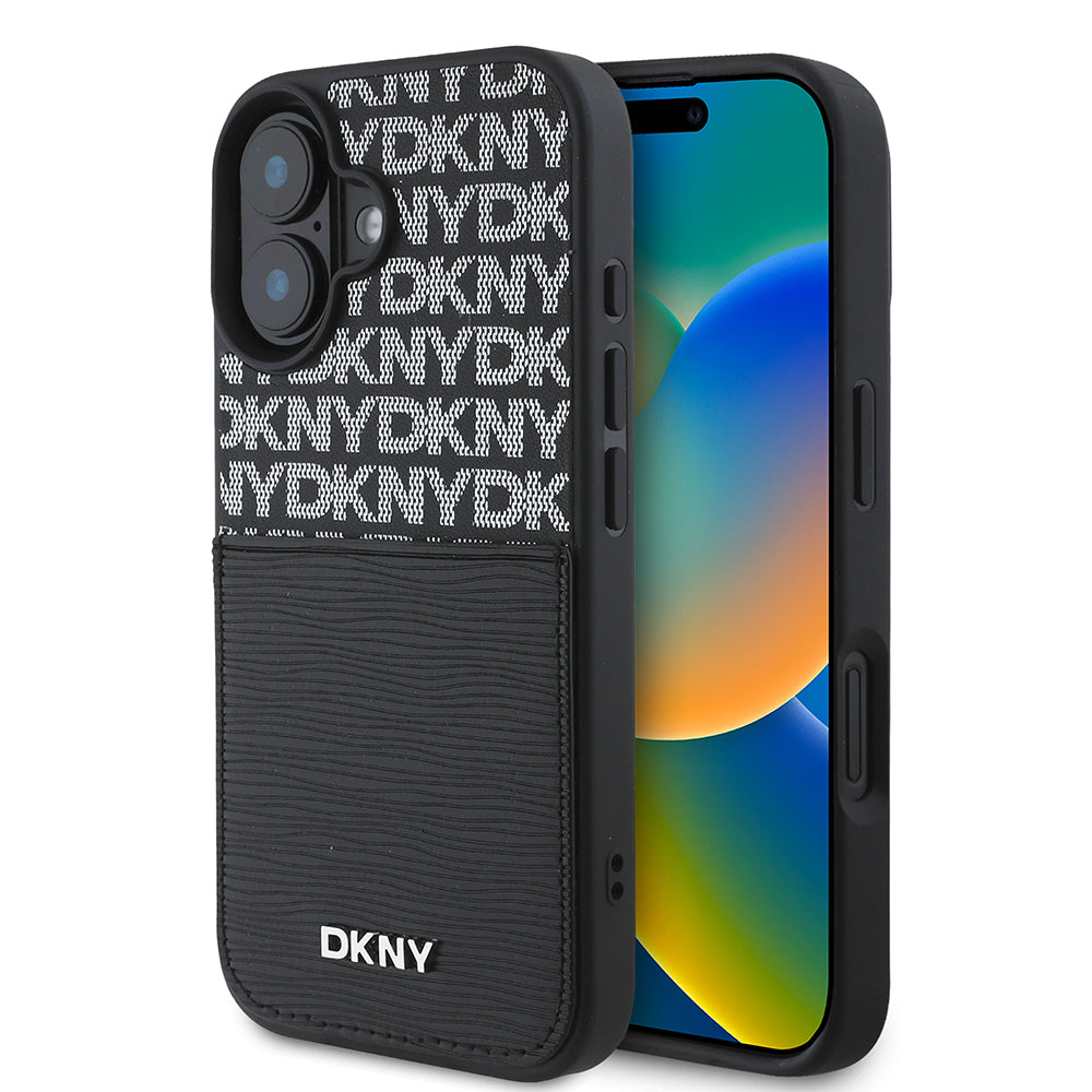 iPhone 16 Kılıf DKNY Orjinal Lisanslı Kartlıklı 3D Yazılı Repeat Texture Pattern Kılıf Siyah