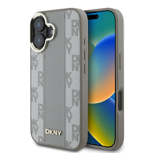 iPhone 16 Kılıf DKNY Orjinal Lisanslı Magsafe Şarj Özellikli 3D Yazılı Checkered Pattern Kılıf Bej