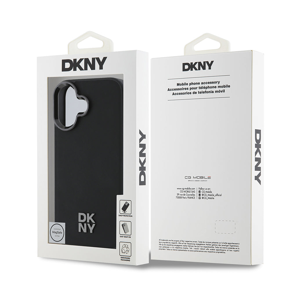 iPhone 16 Kılıf DKNY Orjinal Lisanslı Magsafe Şarj Özellikli Metal Logolu PU Deri Plain Kılıf Siyah