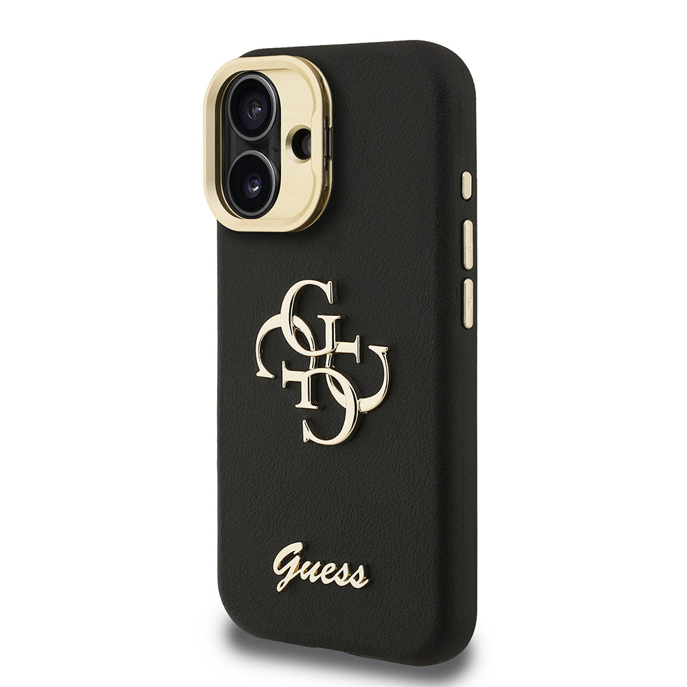 Apple iPhone 16 Kılıf Guess Orjinal Lisanslı Grained Yazı Logolu Kamera Standlı Kapak Siyah