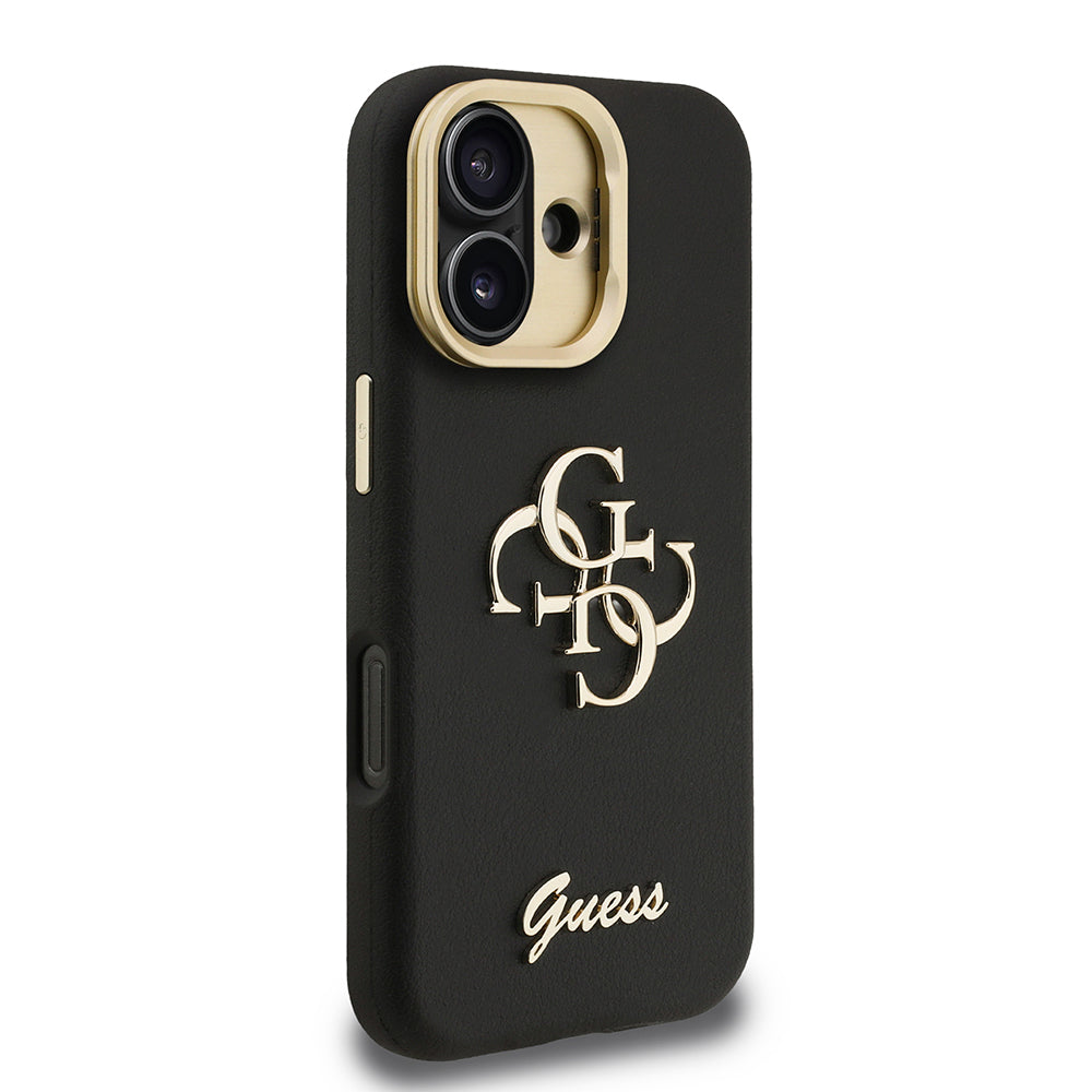 Apple iPhone 16 Kılıf Guess Orjinal Lisanslı Grained Yazı Logolu Kamera Standlı Kapak Siyah