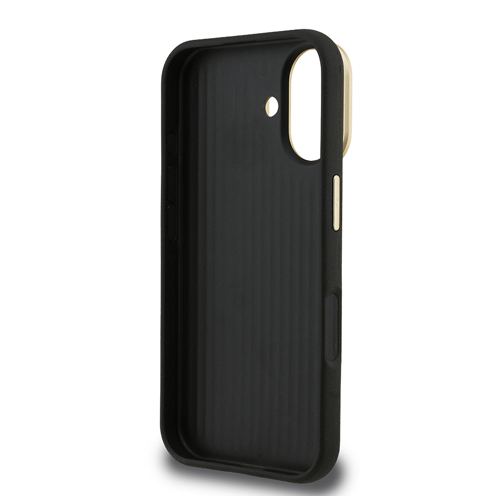 Apple iPhone 16 Kılıf Guess Orjinal Lisanslı Grained Yazı Logolu Kamera Standlı Kapak Siyah