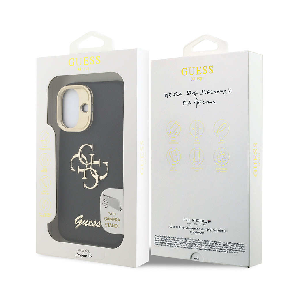 Apple iPhone 16 Kılıf Guess Orjinal Lisanslı Grained Yazı Logolu Kamera Standlı Kapak Siyah