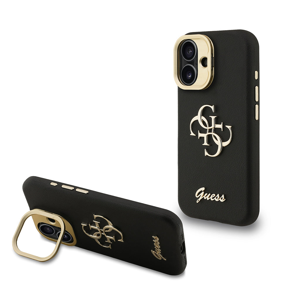 Apple iPhone 16 Kılıf Guess Orjinal Lisanslı Grained Yazı Logolu Kamera Standlı Kapak Siyah