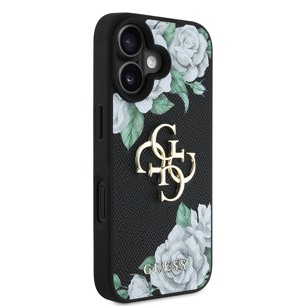Apple iPhone 16 Kılıf Guess Orjinal Lisanslı Gül Baskılı Büyük Metal Logo Dizaynlı Kapak Pembe