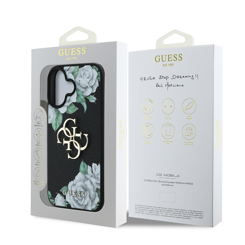 Apple iPhone 16 Kılıf Guess Orjinal Lisanslı Gül Baskılı Büyük Metal Logo Dizaynlı Kapak Siyah