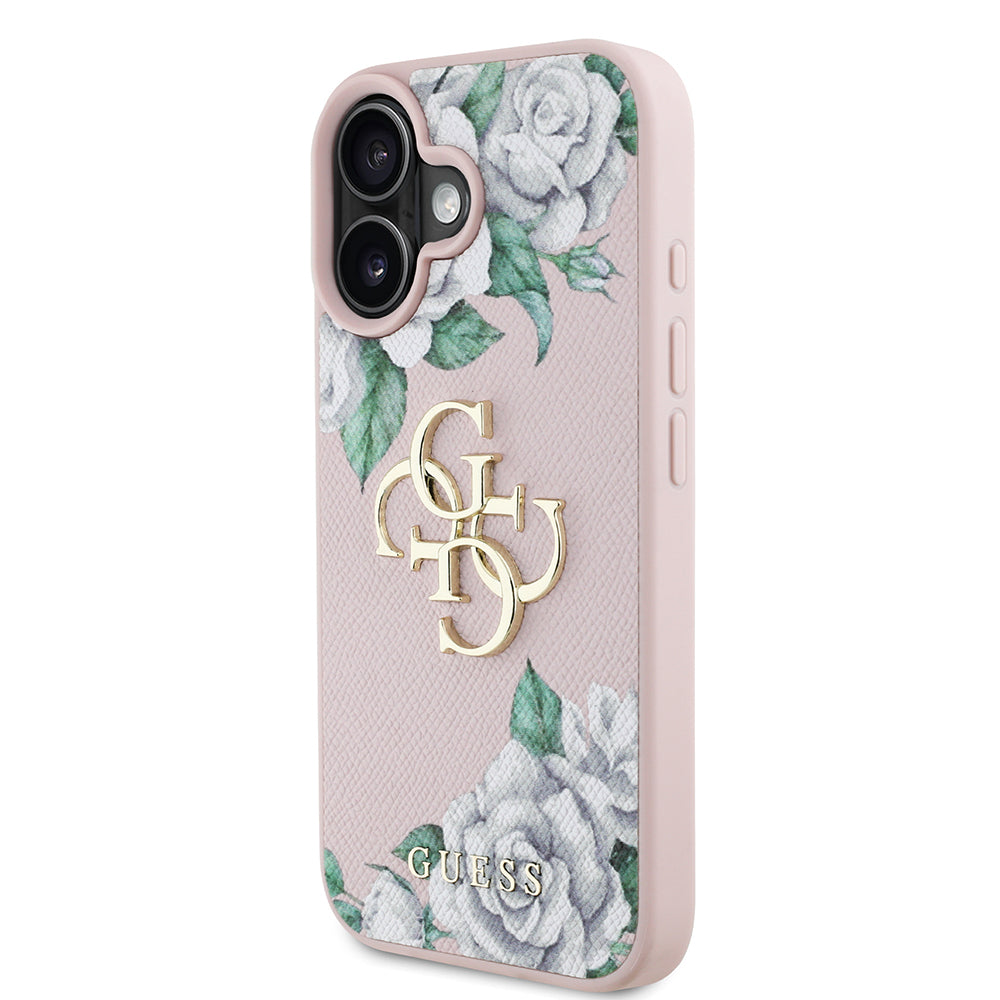 Apple iPhone 16 Kılıf Guess Orjinal Lisanslı Gül Baskılı Büyük Metal Logo Dizaynlı Kapak Mor