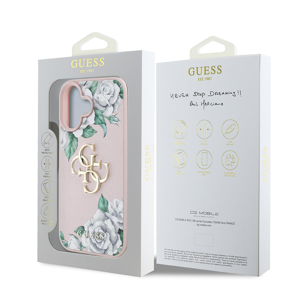 Apple iPhone 16 Kılıf Guess Orjinal Lisanslı Gül Baskılı Büyük Metal Logo Dizaynlı Kapak Pembe