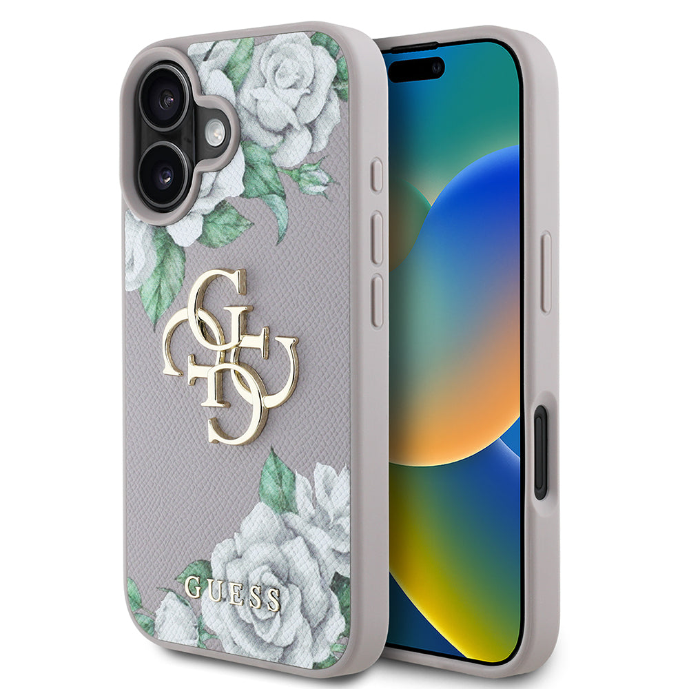 Apple iPhone 16 Kılıf Guess Orjinal Lisanslı Gül Baskılı Büyük Metal Logo Dizaynlı Kapak Siyah