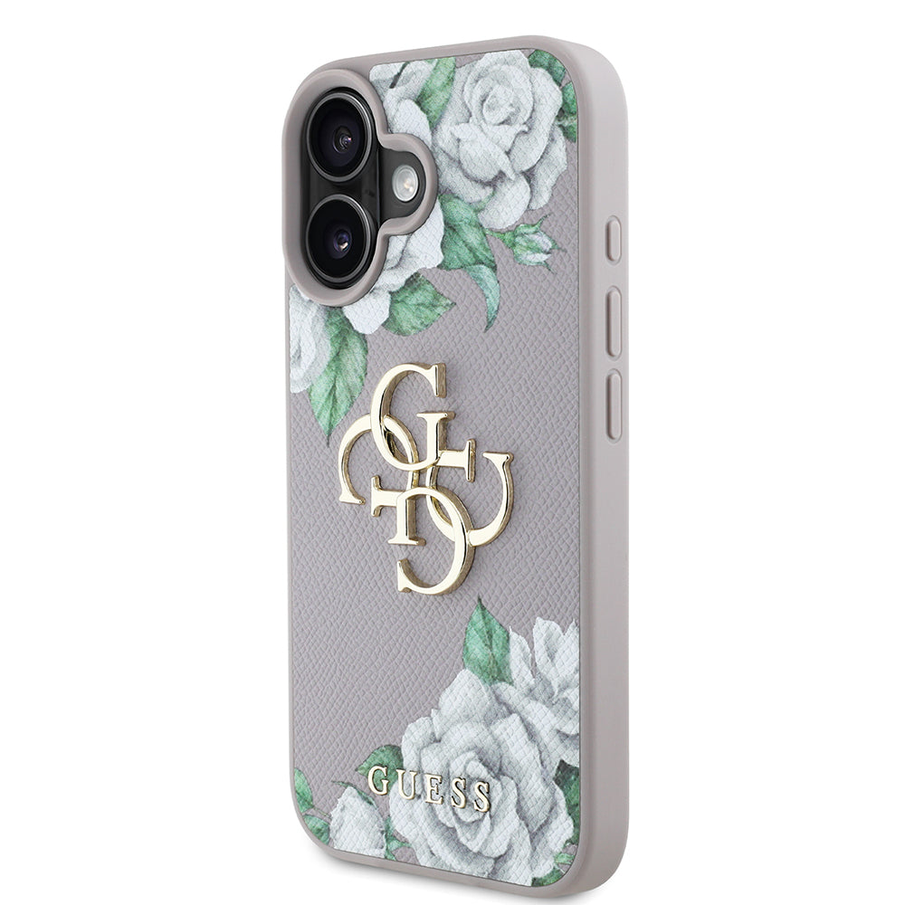 Apple iPhone 16 Kılıf Guess Orjinal Lisanslı Gül Baskılı Büyük Metal Logo Dizaynlı Kapak Pembe