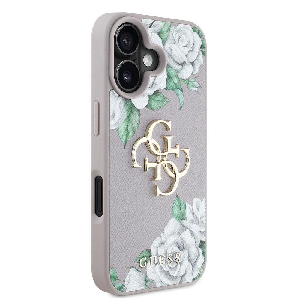 Apple iPhone 16 Kılıf Guess Orjinal Lisanslı Gül Baskılı Büyük Metal Logo Dizaynlı Kapak Siyah