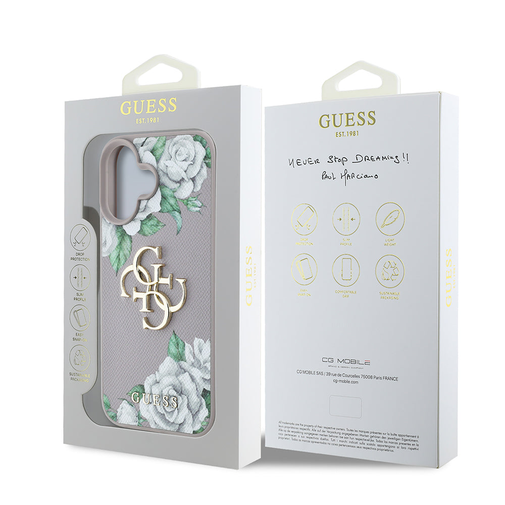 Apple iPhone 16 Kılıf Guess Orjinal Lisanslı Gül Baskılı Büyük Metal Logo Dizaynlı Kapak Pembe