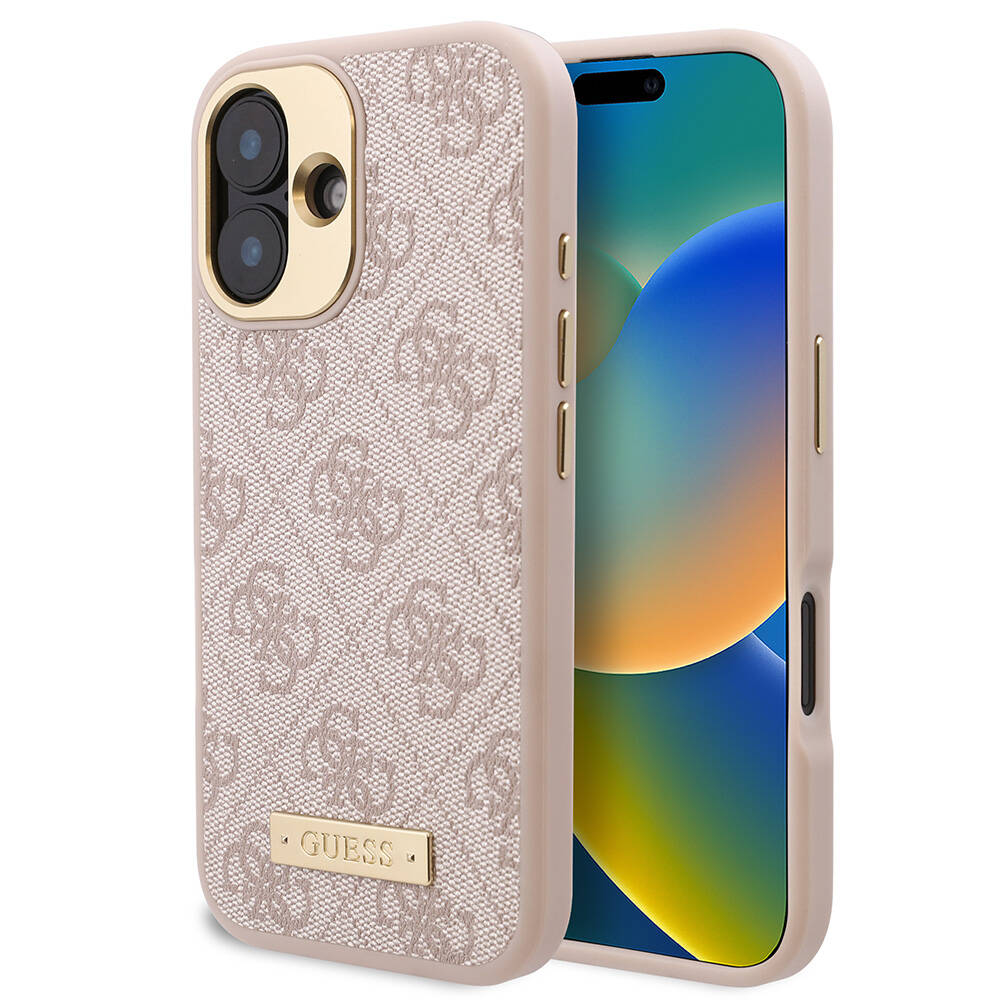 Apple iPhone 16 Kılıf Guess Orjinal Lisanslı M-safe Şarj Özellikli PU 4G Desenli Metal Plaka Klasik Logolu Kapak