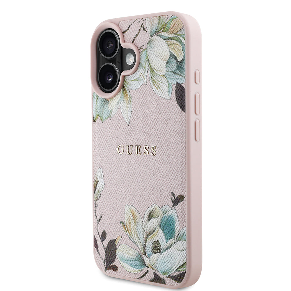 Apple iPhone 16 Kılıf Guess Orjinal Lisanslı M-safe Şarj Özellikli Taneli Çiçek Tasarımlı Metal Yazı Logolu Kapak Pembe
