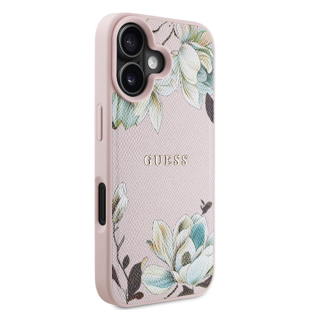 Apple iPhone 16 Kılıf Guess Orjinal Lisanslı M-safe Şarj Özellikli Taneli Çiçek Tasarımlı Metal Yazı Logolu Kapak Pembe