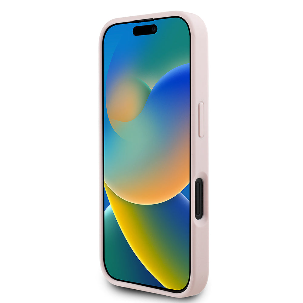 Apple iPhone 16 Kılıf Guess Orjinal Lisanslı M-safe Şarj Özellikli Taneli Çiçek Tasarımlı Metal Yazı Logolu Kapak Pembe