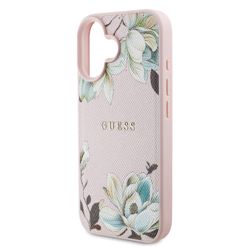 Apple iPhone 16 Kılıf Guess Orjinal Lisanslı M-safe Şarj Özellikli Taneli Çiçek Tasarımlı Metal Yazı Logolu Kapak Pembe