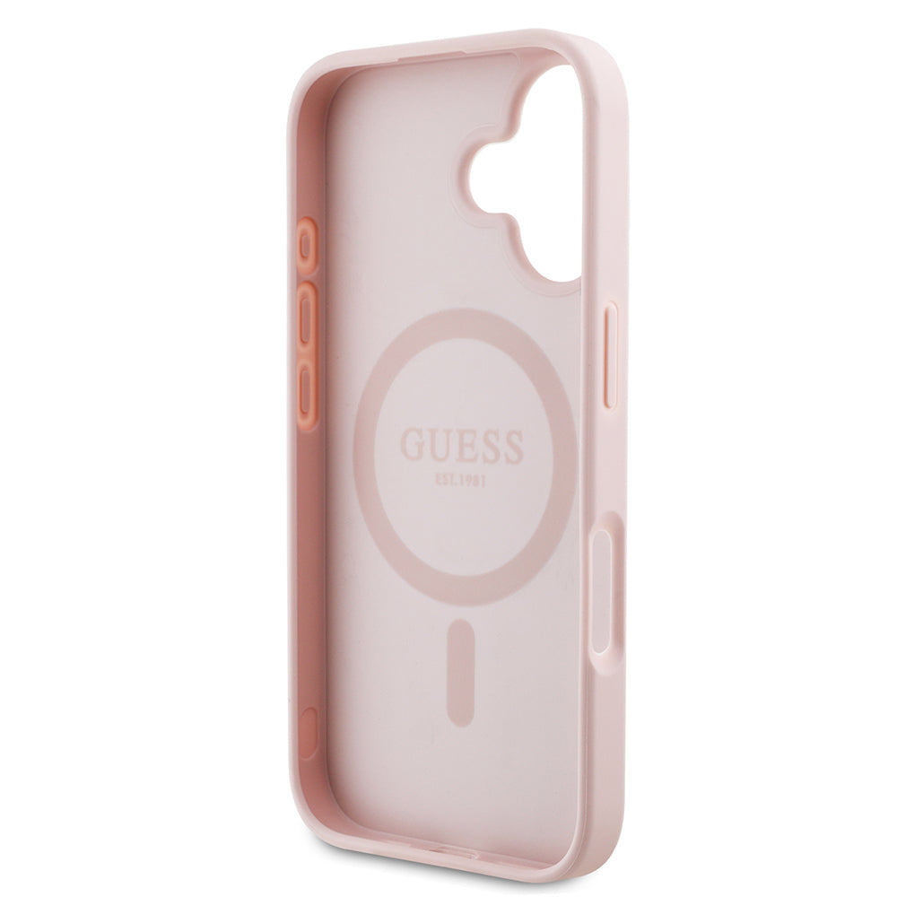 Apple iPhone 16 Kılıf Guess Orjinal Lisanslı M-safe Şarj Özellikli Taneli Çiçek Tasarımlı Metal Yazı Logolu Kapak Pembe
