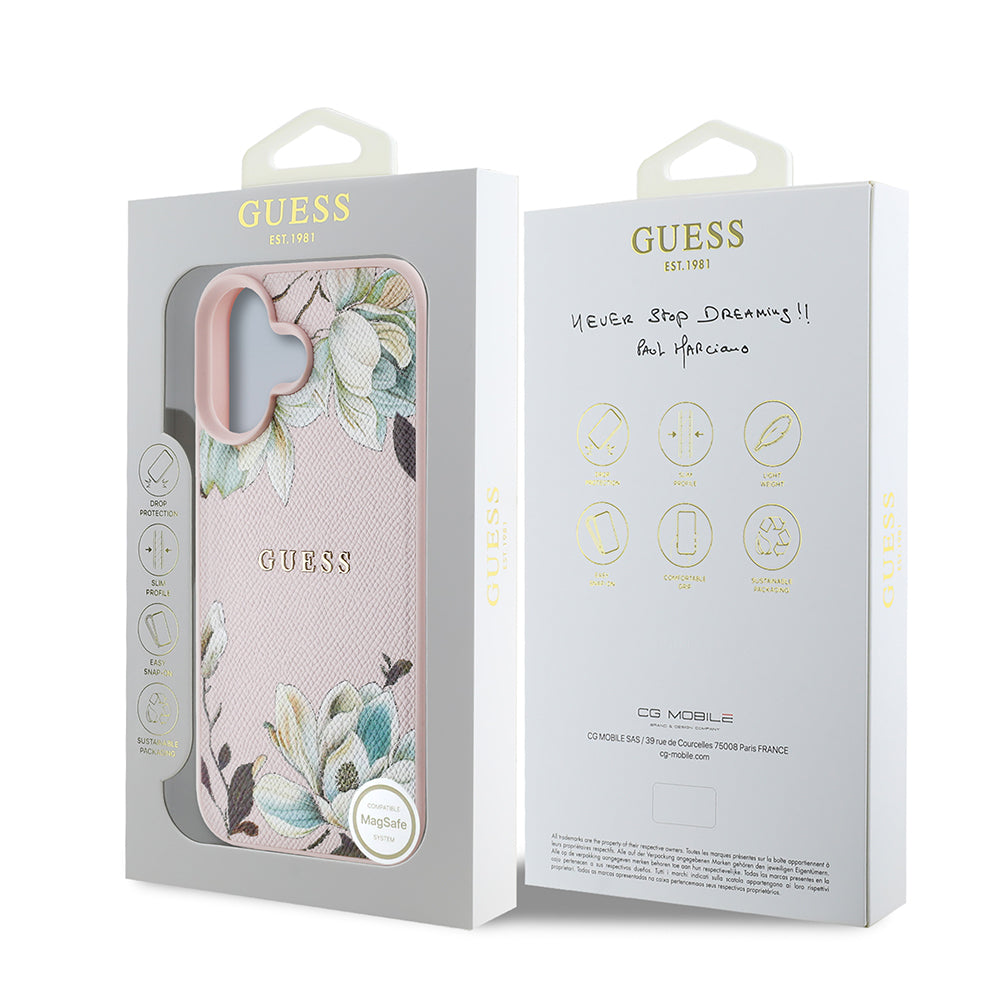 Apple iPhone 16 Kılıf Guess Orjinal Lisanslı M-safe Şarj Özellikli Taneli Çiçek Tasarımlı Metal Yazı Logolu Kapak Pembe