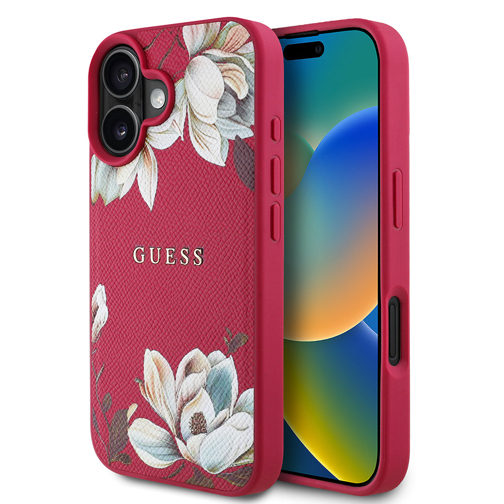 Apple iPhone 16 Kılıf Guess Orjinal Lisanslı M-safe Şarj Özellikli Taneli Çiçek Tasarımlı Metal Yazı Logolu Kapak Pembe