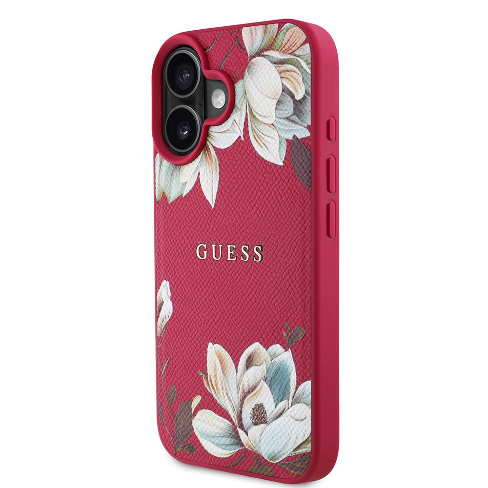 Apple iPhone 16 Kılıf Guess Orjinal Lisanslı M-safe Şarj Özellikli Taneli Çiçek Tasarımlı Metal Yazı Logolu Kapak Pembe