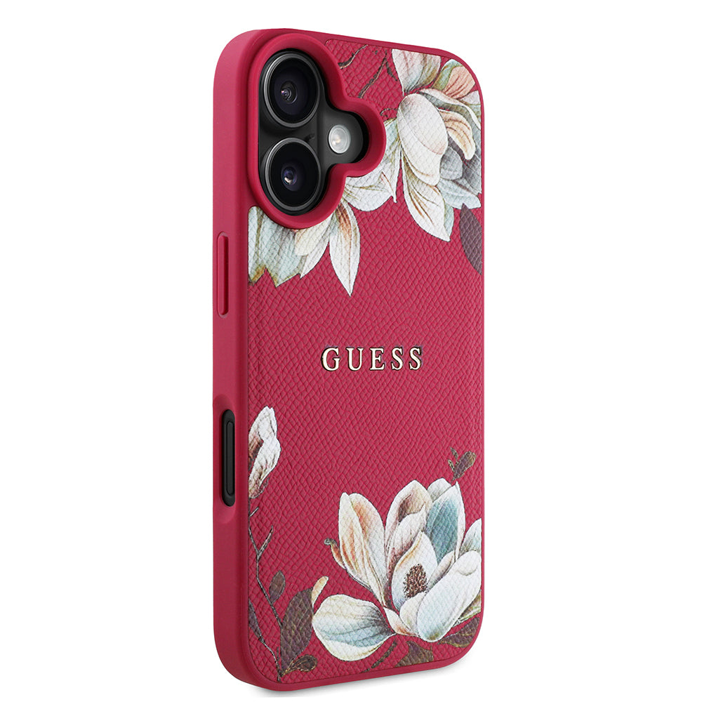 Apple iPhone 16 Kılıf Guess Orjinal Lisanslı M-safe Şarj Özellikli Taneli Çiçek Tasarımlı Metal Yazı Logolu Kapak Pembe