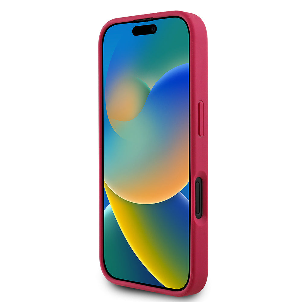 Apple iPhone 16 Kılıf Guess Orjinal Lisanslı M-safe Şarj Özellikli Taneli Çiçek Tasarımlı Metal Yazı Logolu Kapak Pembe