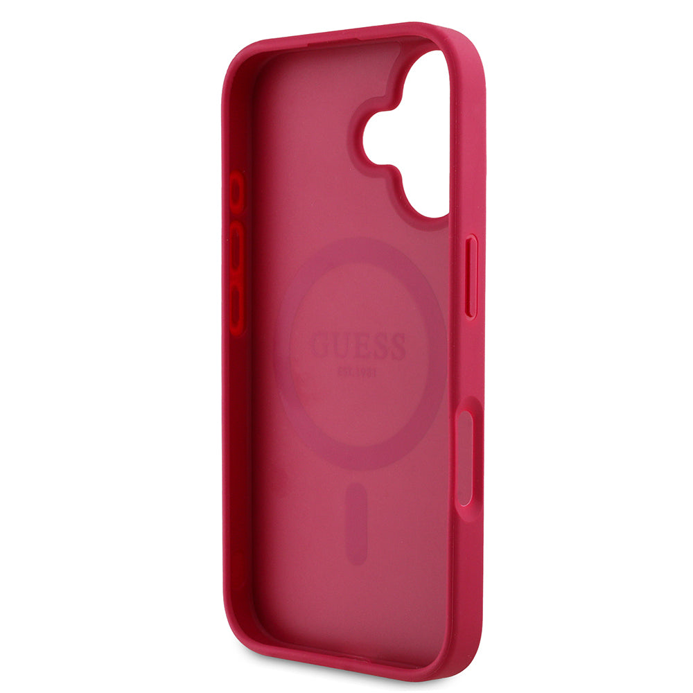 Apple iPhone 16 Kılıf Guess Orjinal Lisanslı M-safe Şarj Özellikli Taneli Çiçek Tasarımlı Metal Yazı Logolu Kapak Pembe