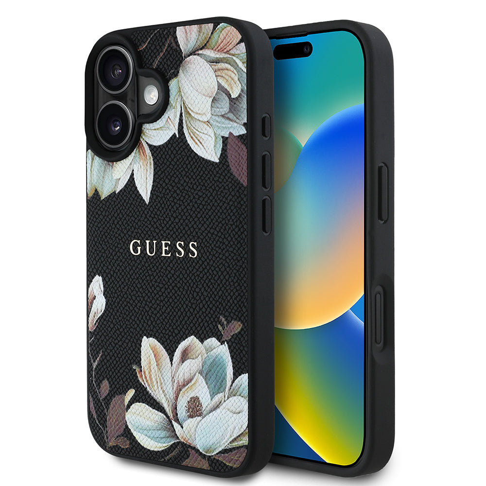 Apple iPhone 16 Kılıf Guess Orjinal Lisanslı M-safe Şarj Özellikli Taneli Çiçek Tasarımlı Metal Yazı Logolu Kapak Siyah