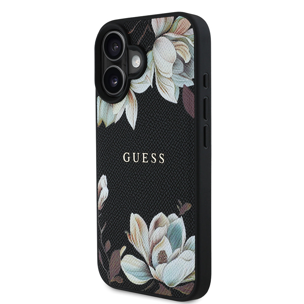 Apple iPhone 16 Kılıf Guess Orjinal Lisanslı M-safe Şarj Özellikli Taneli Çiçek Tasarımlı Metal Yazı Logolu Kapak Pembe