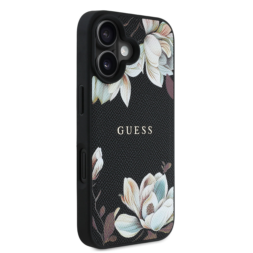 Apple iPhone 16 Kılıf Guess Orjinal Lisanslı M-safe Şarj Özellikli Taneli Çiçek Tasarımlı Metal Yazı Logolu Kapak Pembe