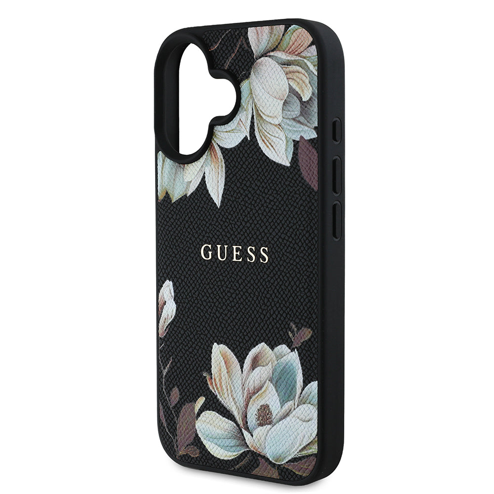 Apple iPhone 16 Kılıf Guess Orjinal Lisanslı M-safe Şarj Özellikli Taneli Çiçek Tasarımlı Metal Yazı Logolu Kapak Pembe