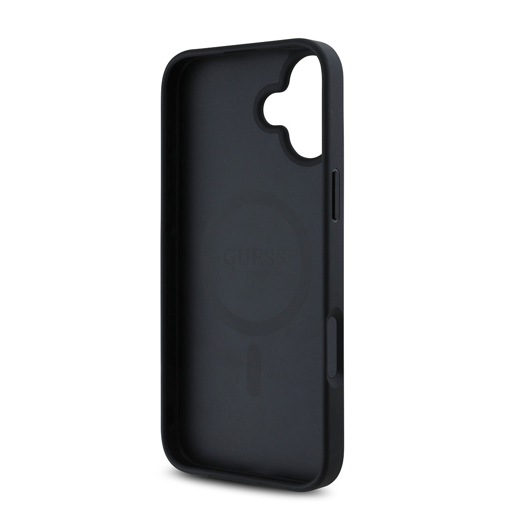 Apple iPhone 16 Kılıf Guess Orjinal Lisanslı M-safe Şarj Özellikli Taneli Çiçek Tasarımlı Metal Yazı Logolu Kapak Pembe
