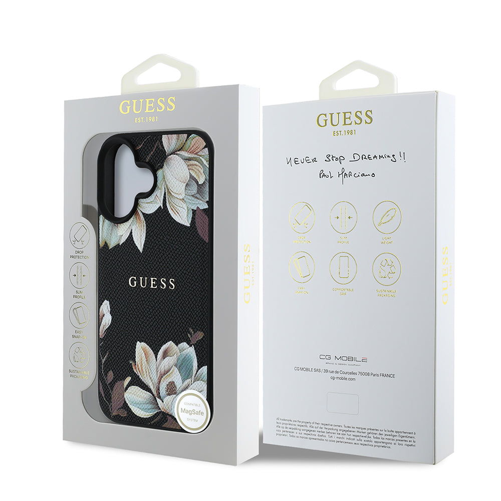 Apple iPhone 16 Kılıf Guess Orjinal Lisanslı M-safe Şarj Özellikli Taneli Çiçek Tasarımlı Metal Yazı Logolu Kapak Pembe