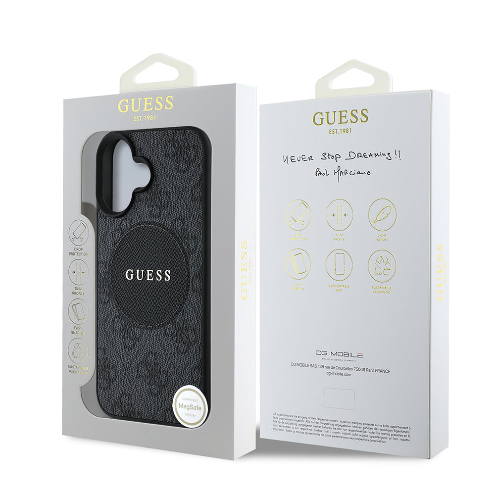 Apple iPhone 16 Kılıf Guess Orjinal Lisanslı M-safe Şarj Özellikli Yazı Logolu Circle Classic Kapak Kahverengi