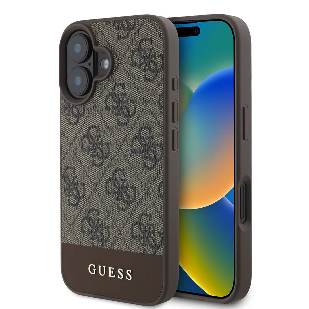 Apple iPhone 16 Kılıf Guess Orjinal Lisanslı PU Deri Şerit Logo Dizaynlı Kapak Kahverengi