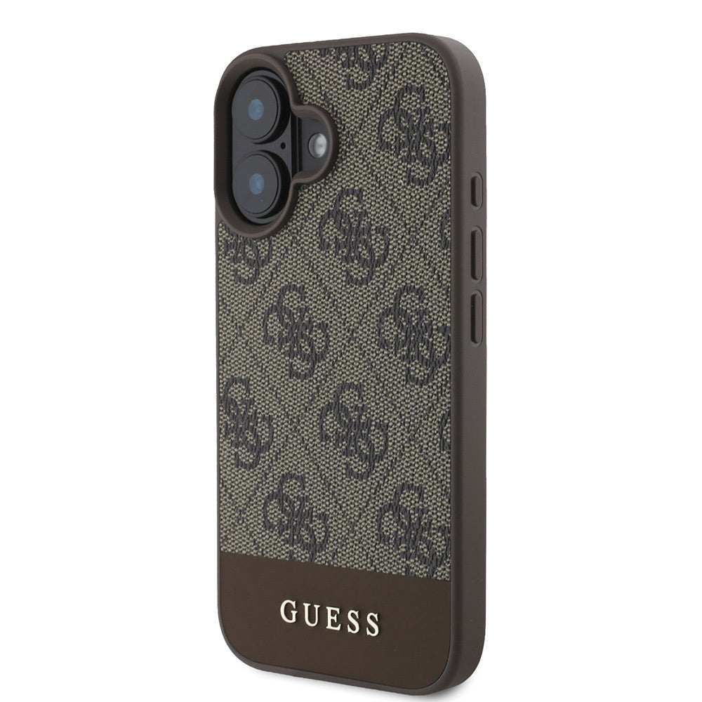 Apple iPhone 16 Kılıf Guess Orjinal Lisanslı PU Deri Şerit Logo Dizaynlı Kapak Kahverengi
