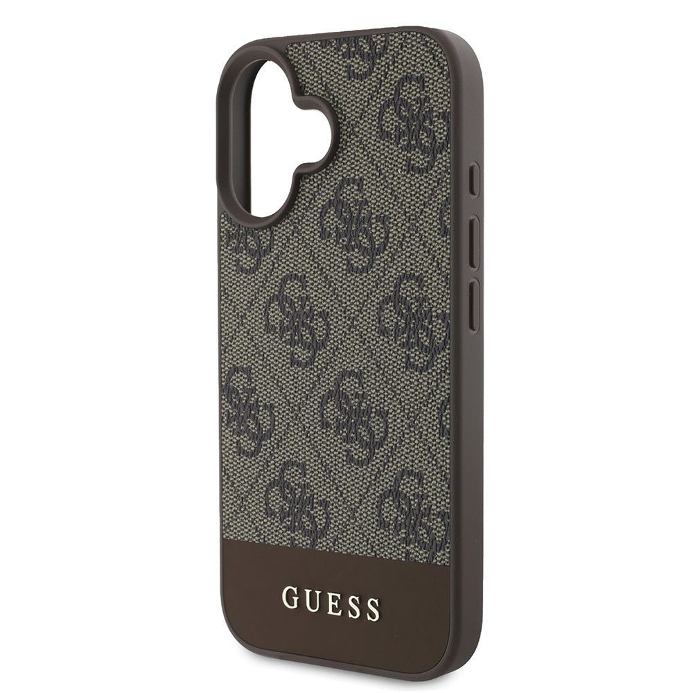 Apple iPhone 16 Kılıf Guess Orjinal Lisanslı PU Deri Şerit Logo Dizaynlı Kapak Kahverengi