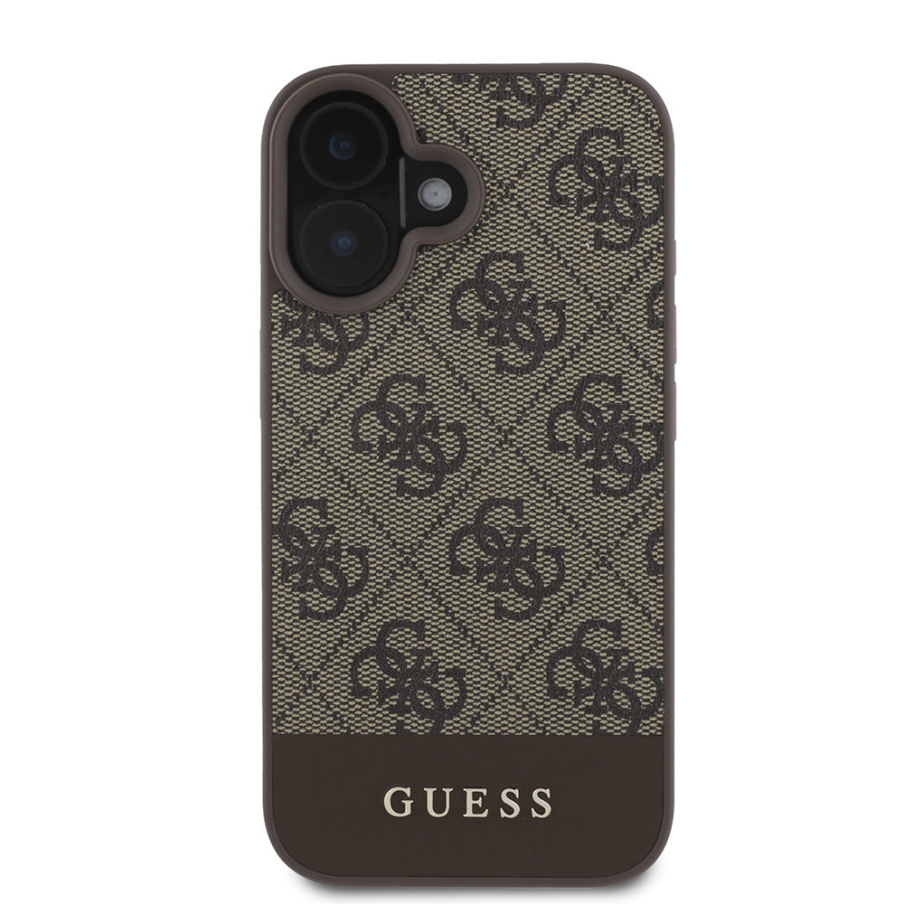 Apple iPhone 16 Kılıf Guess Orjinal Lisanslı PU Deri Şerit Logo Dizaynlı Kapak Kahverengi
