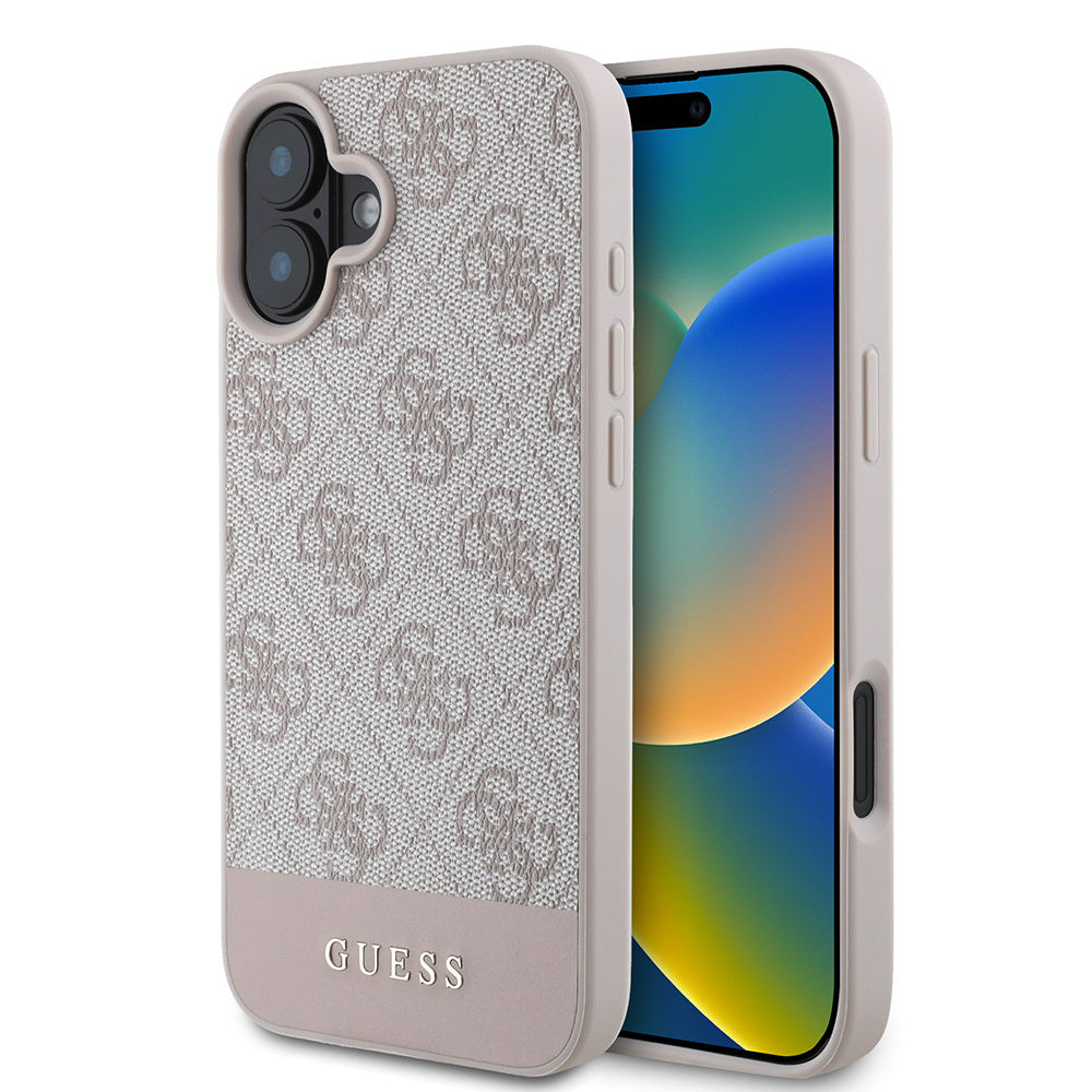 Apple iPhone 16 Kılıf Guess Orjinal Lisanslı PU Deri Şerit Logo Dizaynlı Kapak Kahverengi