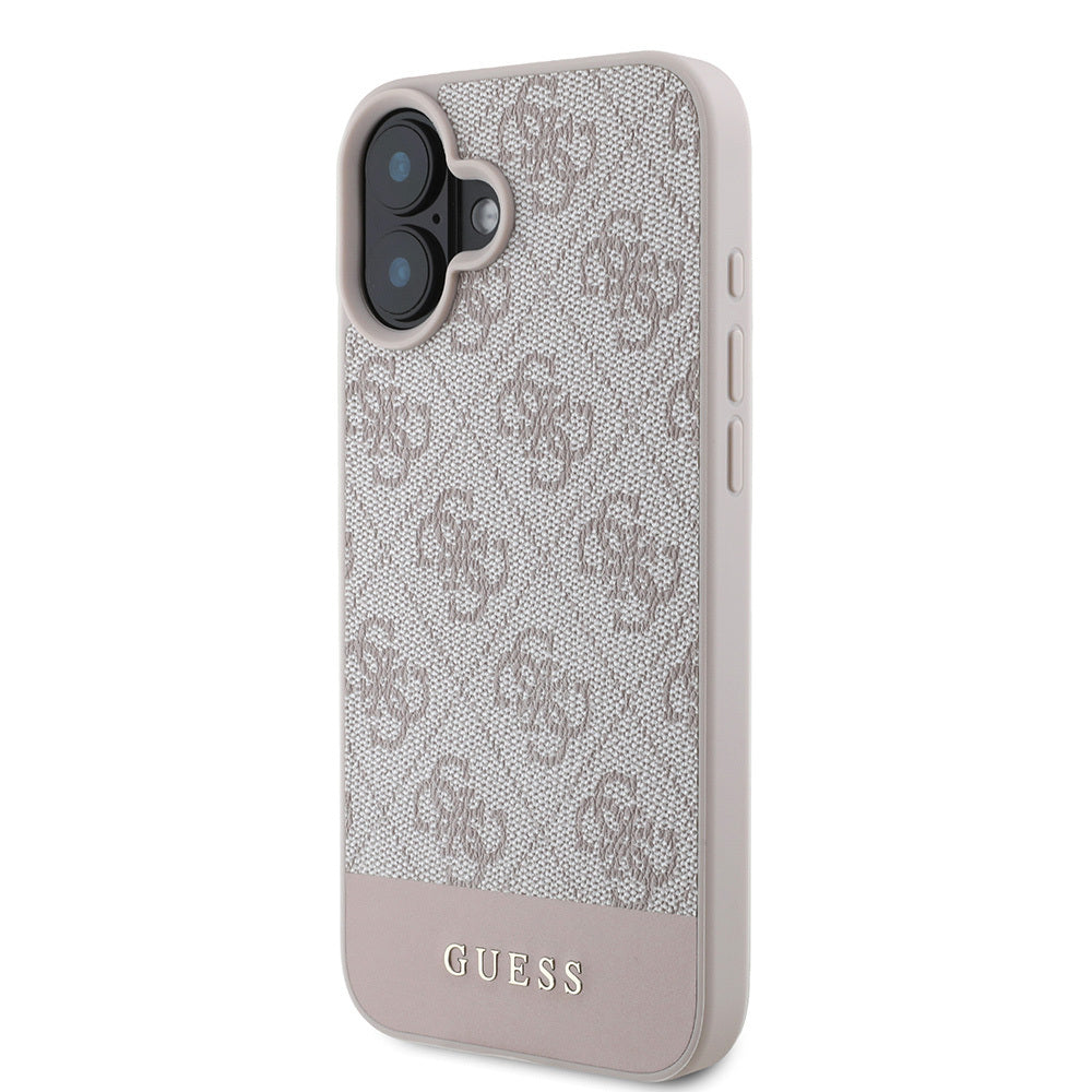 Apple iPhone 16 Kılıf Guess Orjinal Lisanslı PU Deri Şerit Logo Dizaynlı Kapak Pembe