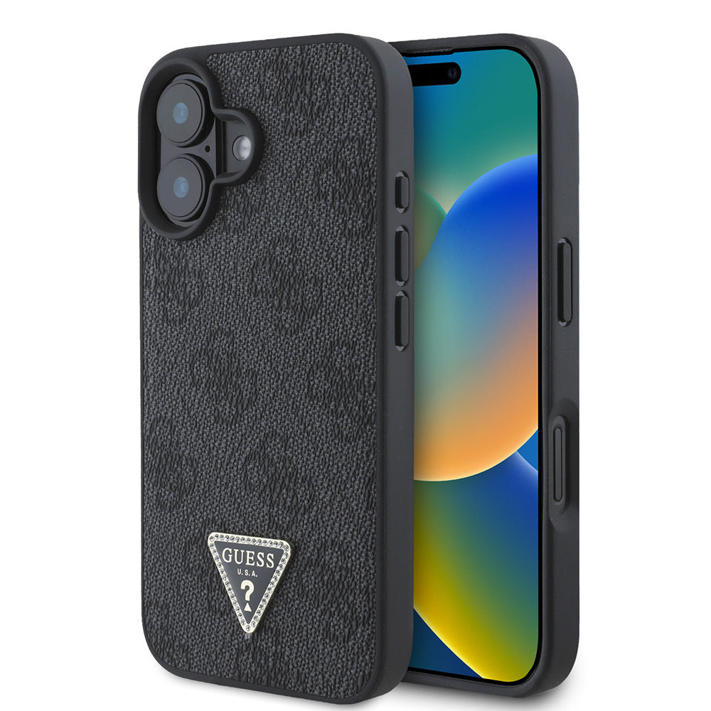 Apple iPhone 16 Kılıf Guess Orjinal Lisanslı PU Deri Taşlı Üçgen Logo 4G Desenli Strass Kapak Kahverengi