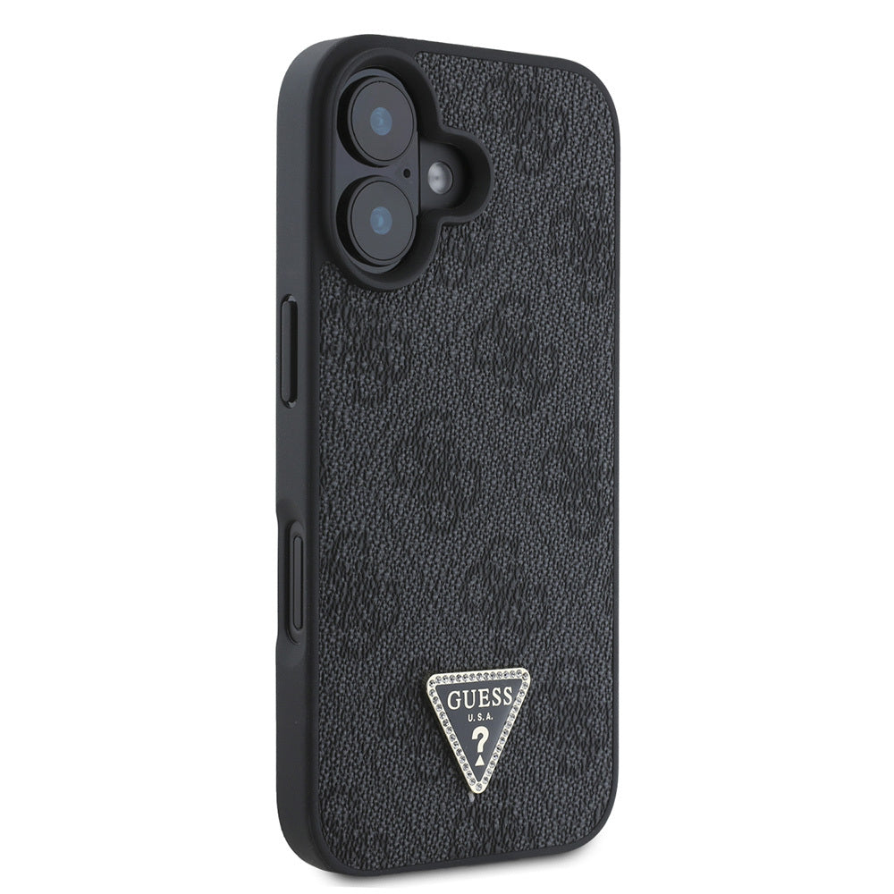 Apple iPhone 16 Kılıf Guess Orjinal Lisanslı PU Deri Taşlı Üçgen Logo 4G Desenli Strass Kapak Kahverengi