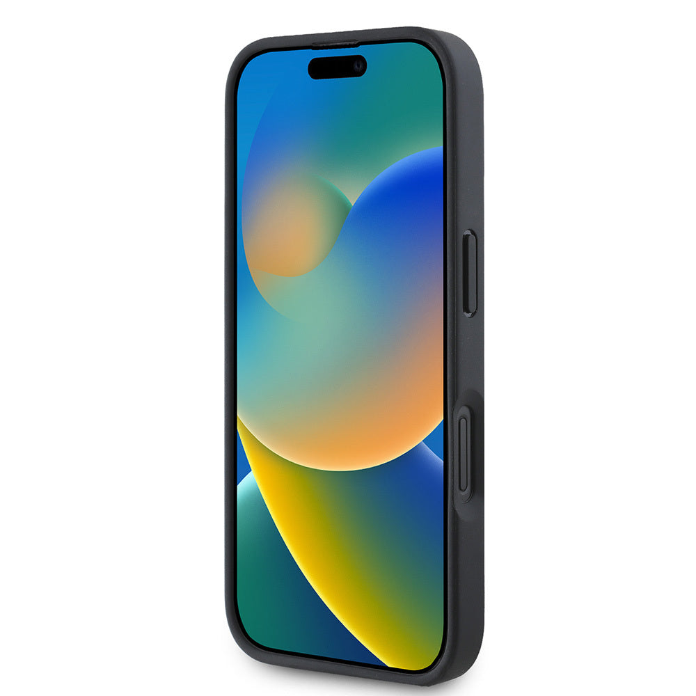 Apple iPhone 16 Kılıf Guess Orjinal Lisanslı PU Deri Taşlı Üçgen Logo 4G Desenli Strass Kapak Siyah
