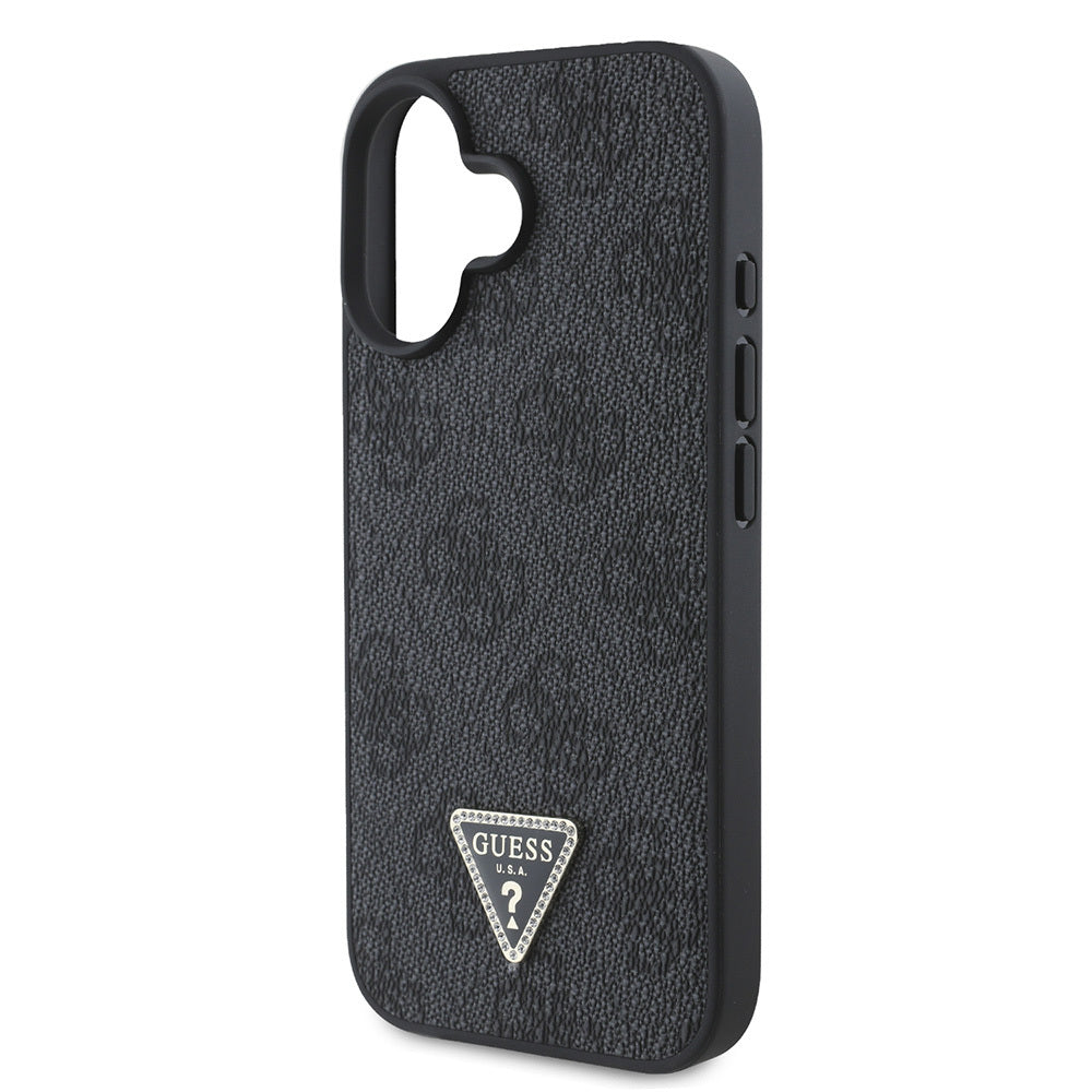 Apple iPhone 16 Kılıf Guess Orjinal Lisanslı PU Deri Taşlı Üçgen Logo 4G Desenli Strass Kapak Kahverengi