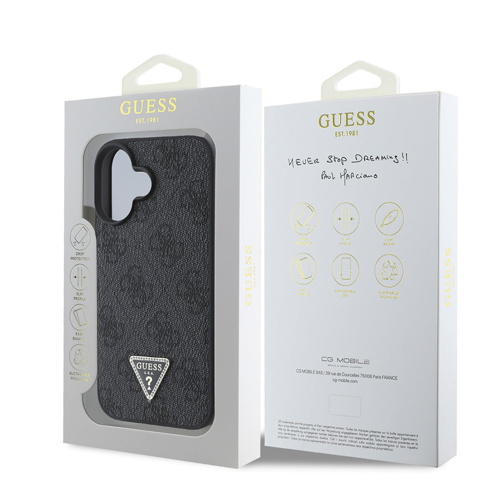 Apple iPhone 16 Kılıf Guess Orjinal Lisanslı PU Deri Taşlı Üçgen Logo 4G Desenli Strass Kapak Siyah