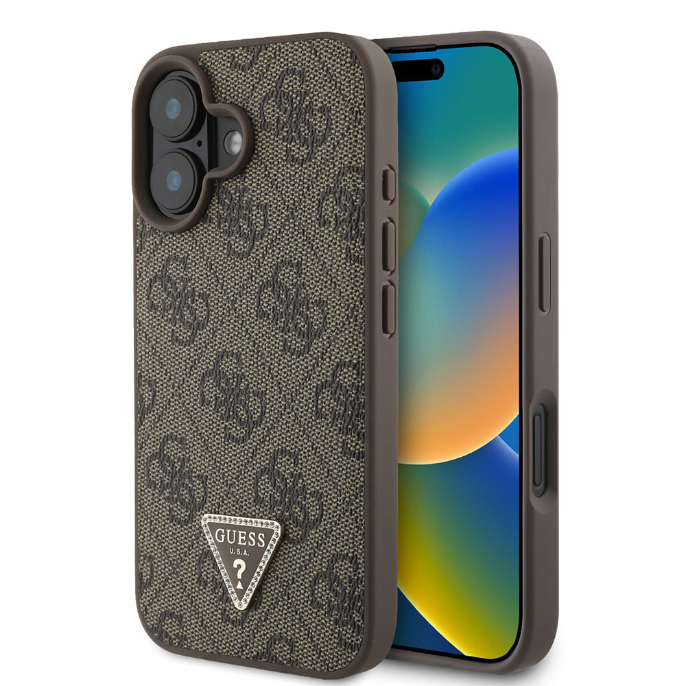 Apple iPhone 16 Kılıf Guess Orjinal Lisanslı PU Deri Taşlı Üçgen Logo 4G Desenli Strass Kapak Kahverengi