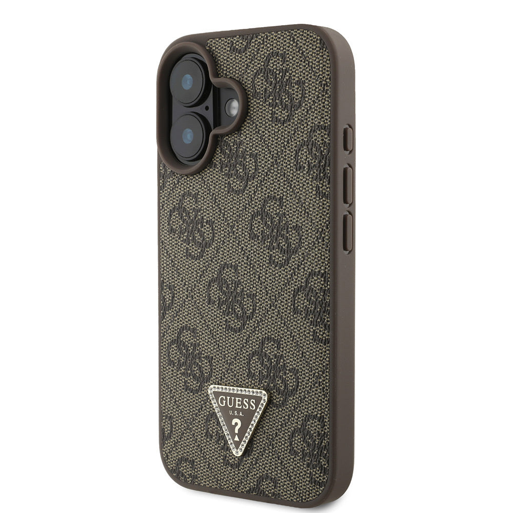 Apple iPhone 16 Kılıf Guess Orjinal Lisanslı PU Deri Taşlı Üçgen Logo 4G Desenli Strass Kapak Kahverengi