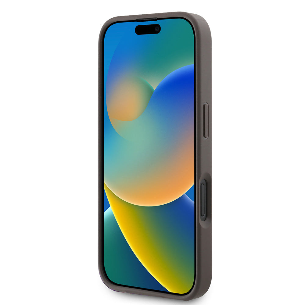 Apple iPhone 16 Kılıf Guess Orjinal Lisanslı PU Deri Taşlı Üçgen Logo 4G Desenli Strass Kapak Kahverengi
