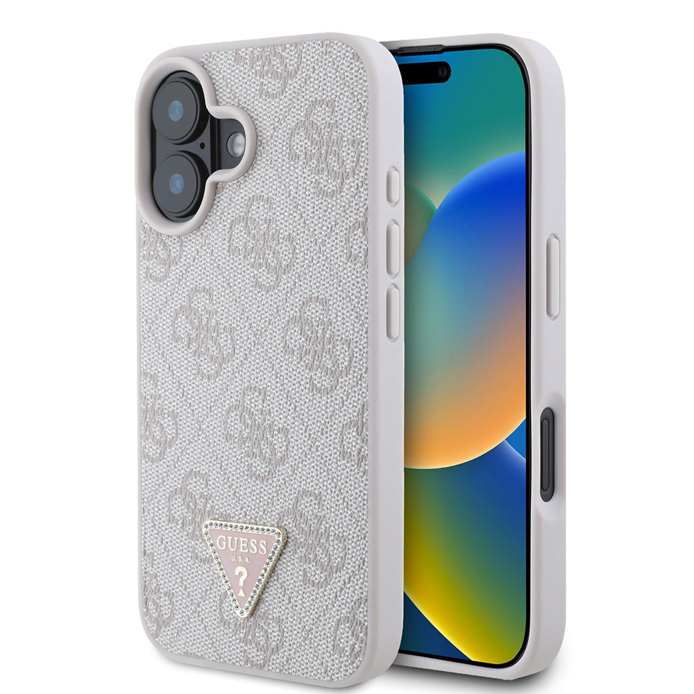 Apple iPhone 16 Kılıf Guess Orjinal Lisanslı PU Deri Taşlı Üçgen Logo 4G Desenli Strass Kapak Kahverengi